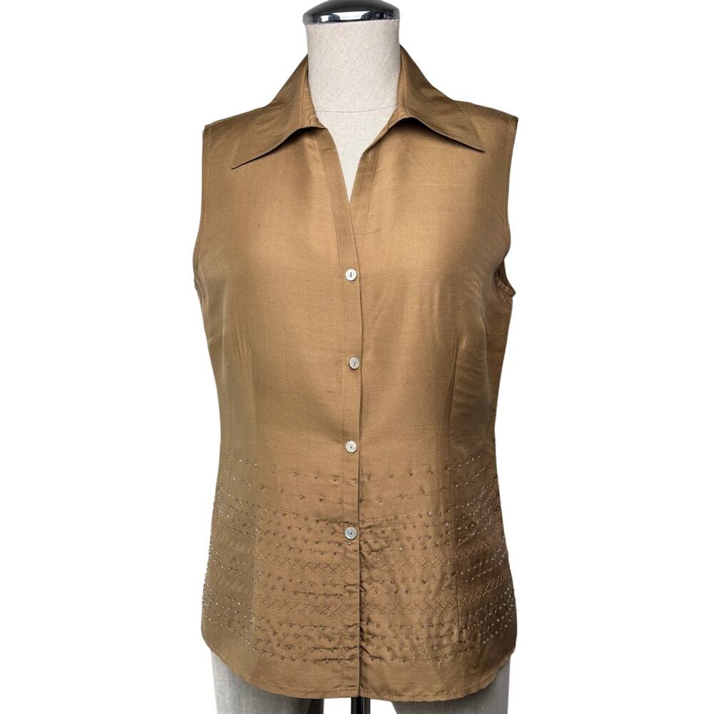 Robbie Bee Beaded Silk Sleeveless Blouse Tan Vintage 90s Minimalist Size 6